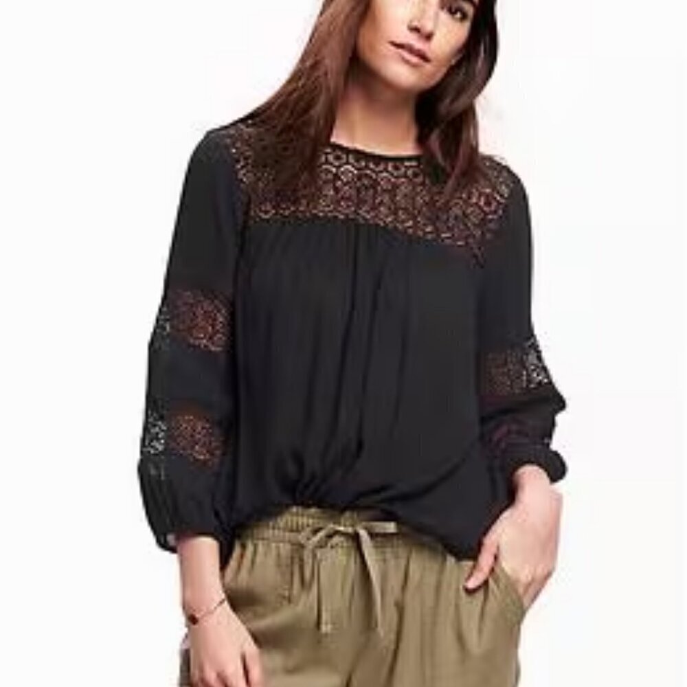 Old Navy Black Crochet Long Sleeve Boho Whimsigoth Babydoll Top